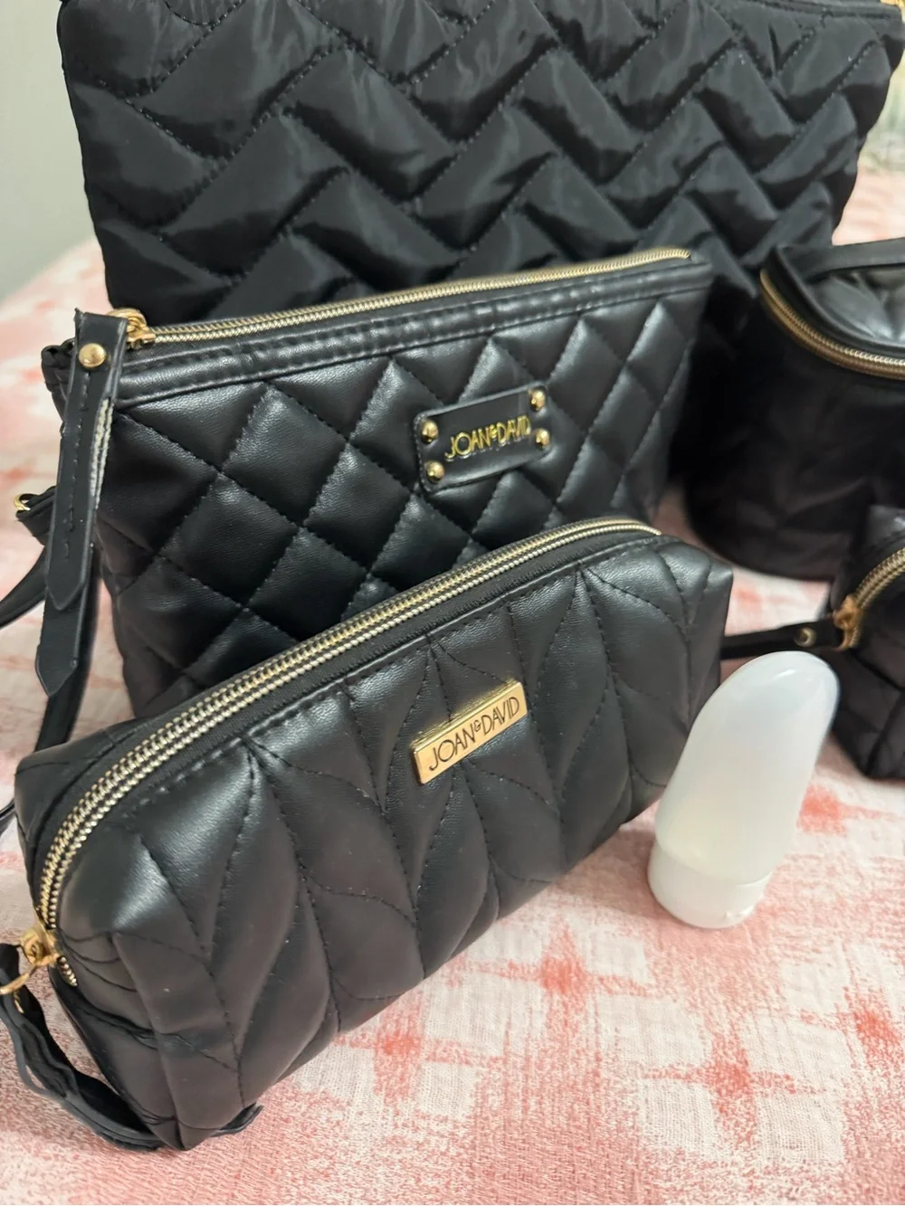 Joan & David Black Quilted Cosmetic Bag Set with Gold Hardware
